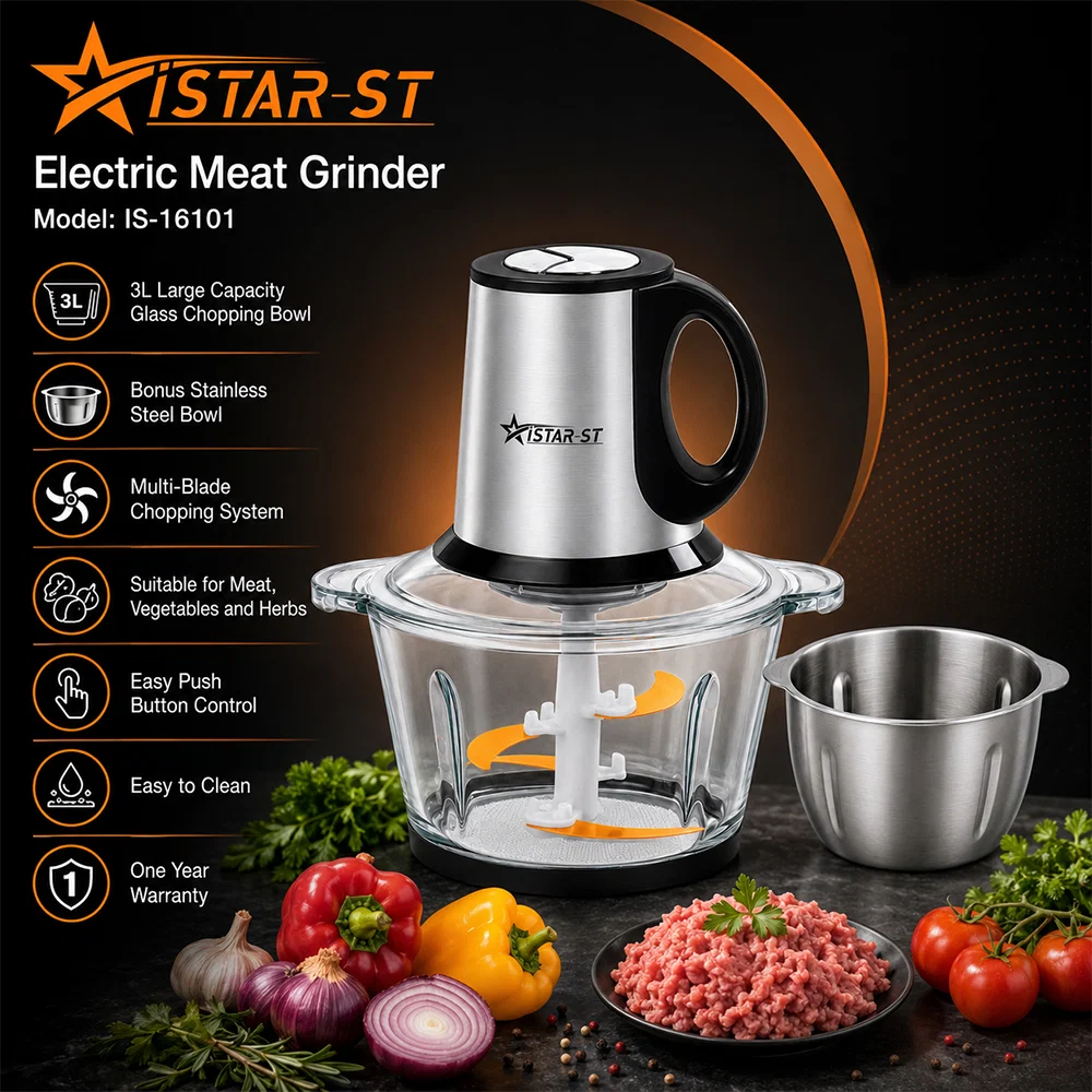 iStar-ST 3L Electric Food Chopper & Meat Grinder with Glass and Stainless Steel Bowls